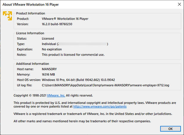 VMware Workstation Player 16.2.0 Build 18760230 Commercial